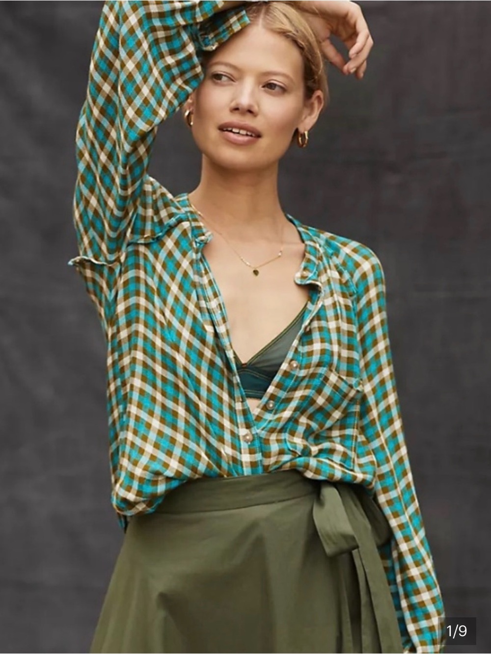ANTHROPOLOGIE PILCRO Breezy Plaid Button-Down Wool Blend Shirt Size Medium